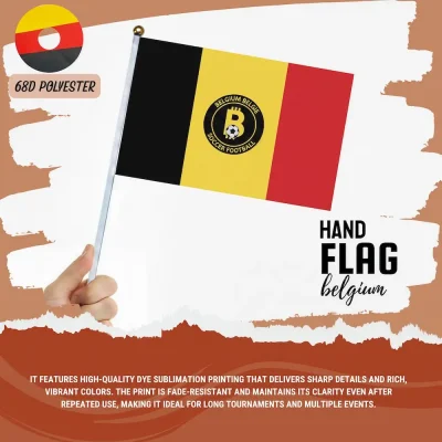 Belgium national football team hand flag with black-yellow-red Belgian flag, Belgium soccer crest, 68D polyester, for FIFA World Cup 2026 match day cheering