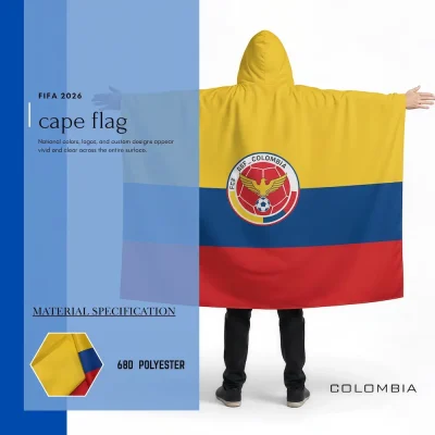 Colombia national football team cape flag with hoodie, yellow-blue-red Colombian flag, FCF Colombian Football Federation eagle soccer crest, 68D polyester, for FIFA World Cup 2026 match day cheering