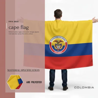 Colombia national football team cape flag, yellow-blue-red Colombian tricolor flag, FCF Colombian Football Federation eagle soccer crest, 68D polyester, wearable fan gear for FIFA World Cup 2026 match day cheering
