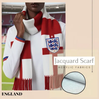 England national football team jacquard scarf, red-white St George's cross striped acrylic scarf with Three Lions crest and 1 championship star, FIFA World Cup fan accessory, fringed ends, soft acrylic fabric