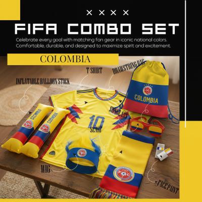 Colombia national football team FIFA 2026 World Cup fan combo set, complete soccer fan gear kit including blue-yellow team wig, yellow-blue-red inflatable balloon stick, yellow Colombia-themed T-shirt, FCF-crest drawstring bag, Colombian flag sunglasses, matching scarf with FCF badge, and fan face paint, in Colombian national yellow-blue-red colors for match day support