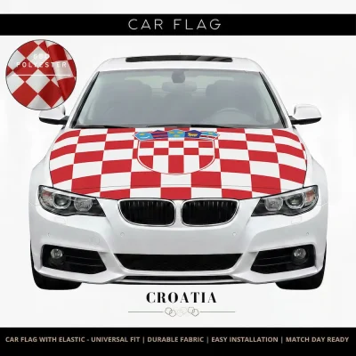 Croatia national football team car flag with red-white checkered design and coat of arms, 68D polyester, universal fit for FIFA 2026 match days