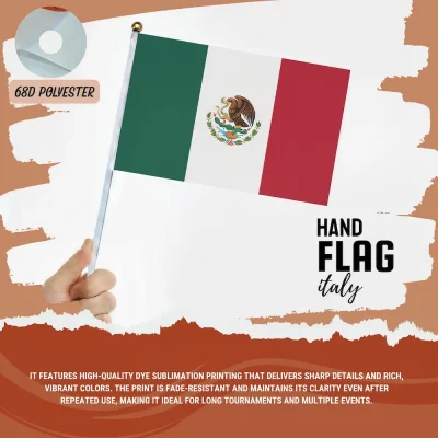 Mexico national football team hand flag with green-white-red Mexican flag, eagle-and-snake national coat of arms, 68D polyester, for FIFA World Cup 2026 match day cheering