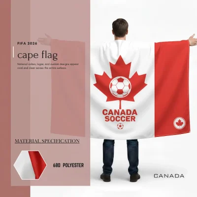 Canada national football team cape flag, red-white Canadian flag with maple leaf soccer design, Canada Soccer branding, 68D polyester, wearable fan gear for FIFA World Cup 2026 match day cheering