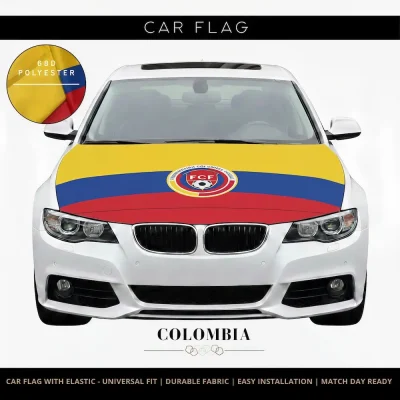Colombia national football team car flag with yellow-blue-red stripes, FCF soccer crest, 68D polyester, universal fit for FIFA 2026 match days