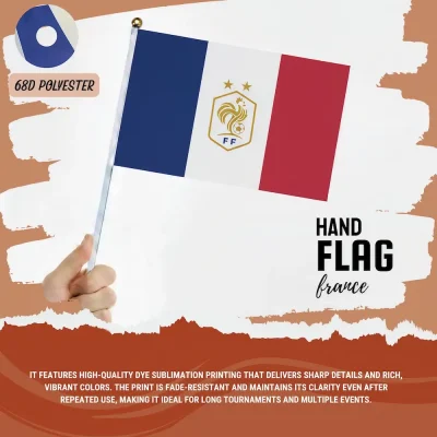 France national football team hand flag with blue-white-red French flag, rooster crest with 2 championship stars, 68D polyester, for FIFA World Cup 2026 match day cheering