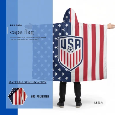 Show your passionate support for the USA national football team during the FIFA World Cup 2026 with this premium 68D polyester cape flag with hoodie, featuring the iconic stars and stripes US flag design and official USA soccer team crest.