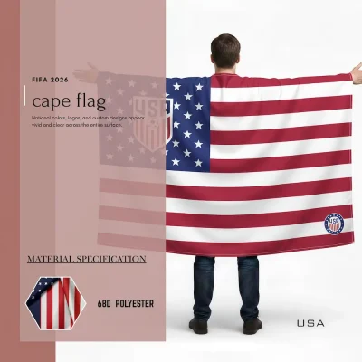USA national football team cape flag, stars and stripes US flag, USMNT soccer shield crest, 68D polyester, wearable fan gear for FIFA World Cup 2026 match day cheering