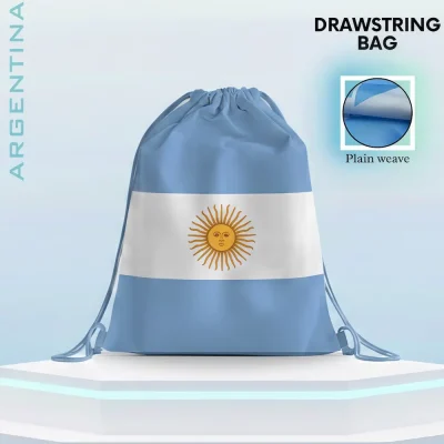 Argentina national football team drawstring bag, light blue-white Argentine flag design with Sun of May emblem, plain weave fabric, FIFA 2026 football fan accessory, sports gym sack, travel storage bag