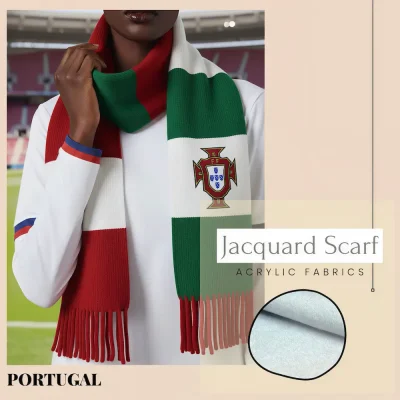 Portugal national football team jacquard scarf, green-white-red tricolor striped acrylic scarf with Portuguese national coat of arms (FPF emblem), FIFA World Cup fan accessory, fringed ends, soft acrylic fabric