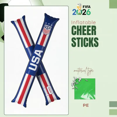 USA national football team inflatable cheer sticks, blue-white-red striped PE (polyethylene) cheer sticks with US Soccer crest (shield with 