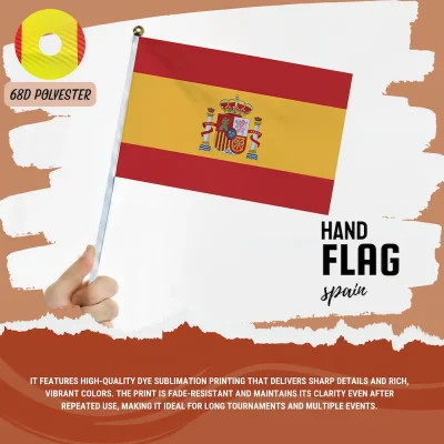 Spain national football team hand flag with red-yellow Spanish flag and national coat of arms, 68D polyester, for FIFA World Cup 2026 match day cheering