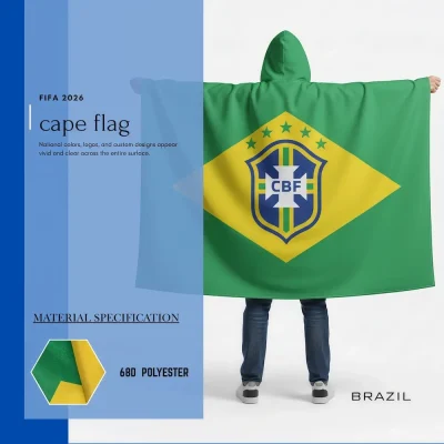 Brazil national football team cape flag with hoodie, green-yellow Brazilian flag, CBF soccer shield crest with 5 championship stars, 68D polyester, for FIFA World Cup 2026 match day cheering
