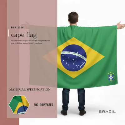 Brazil national football team cape flag, green-yellow Brazilian flag, CBF soccer shield crest with 5 championship stars, 68D polyester, wearable fan gear for FIFA World Cup 2026 match day cheering