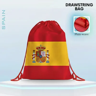Spain national football team drawstring bag, red-yellow Spanish flag design with national coat of arms (crown, shield, and heraldic symbols), plain weave fabric, FIFA 2026 football fan accessory, sports gym sack, travel storage bag