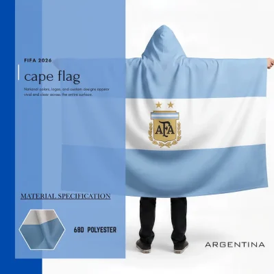 Argentina national football team cape flag with hoodie, light blue-white Argentine flag, AFA team crest with 2 championship stars, 68D polyester, for FIFA World Cup 2026 match day cheering