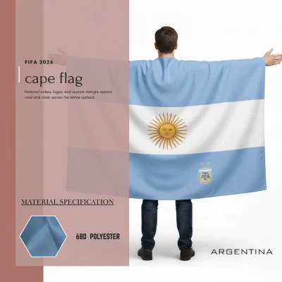 Argentina national football team cape flag, light blue-white Argentine flag with Sun of May, AFA soccer crest with 2 championship stars, 68D polyester, wearable fan gear for FIFA World Cup 2026 match day cheering