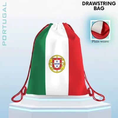Portugal national football team drawstring bag, green-white-red Portuguese tricolor flag design with national coat of arms (Quinas and Order of Christ cross emblem), plain weave fabric, FIFA 2026 football fan accessory, sports gym sack, travel storage bag