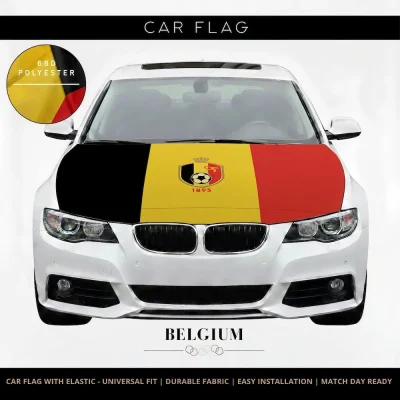 Belgium national football team car flag with black-yellow-red stripes, official lion crest with 1895 founding year, 68D polyester, universal fit for FIFA 2026 match days