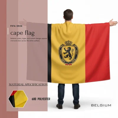 Belgium national football team cape flag, black-yellow-red Belgian tricolor flag, RBFA lion team crest, 68D polyester, wearable fan gear for FIFA World Cup 2026 match day cheering