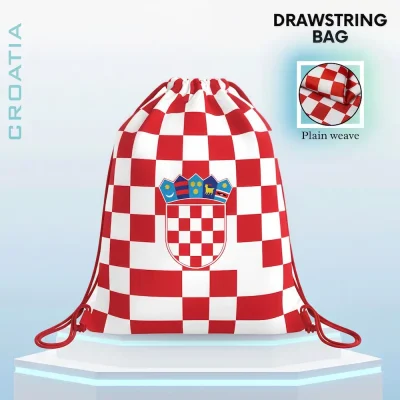 Croatia national football team drawstring bag, red-white checkered Croatian flag design with national coat of arms (checkerboard shield and crown with heraldic symbols), plain weave fabric, FIFA 2026 football fan accessory, sports gym sack, travel storage bag