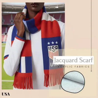 USA national football team jacquard scarf, red-white-blue striped acrylic scarf with USA shield crest and 3 stars, FIFA World Cup fan accessory, red fringed ends, soft acrylic fabric