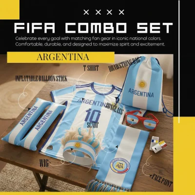 Argentina national football team FIFA 2026 World Cup fan combo set, complete soccer fan gear kit including light blue-white team wig, light blue-white striped inflatable balloon stick, light blue-white striped Argentina-themed T-shirt, sun-emblem drawstring bag, Argentine flag sunglasses with sun emblem, matching scarf with AFA badge, and fan face paint, in Argentine national light blue-white colors with Sun of May for match day support