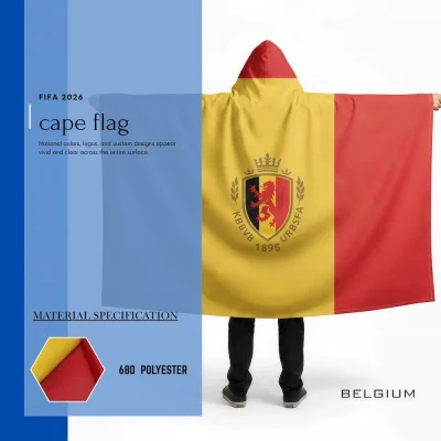 Belgium national football team cape flag with hoodie, yellow-red-black Belgian flag, RBFA team crest with 1895 founding year, 68D polyester, for FIFA World Cup 2026 match day cheering