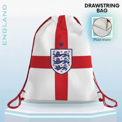 England national football team drawstring bag, white-red St. George's Cross flag design with Three Lions crest and 1 championship star, plain weave fabric, FIFA 2026 football fan accessory, sports gym sack, travel storage bag