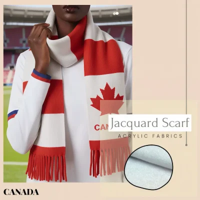 Canada national football team jacquard scarf, red-white striped acrylic scarf with red maple leaf and 