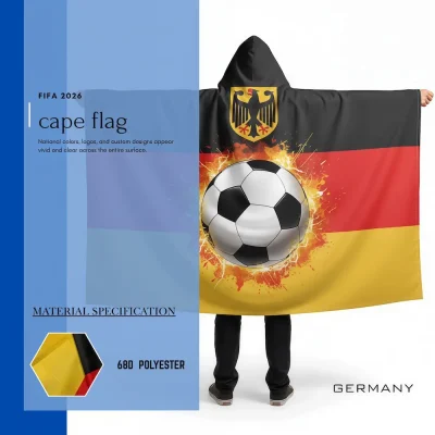 Germany national football team cape flag with hoodie, black-red-gold German flag, federal eagle national emblem, dynamic soccer ball graphic, 68D polyester, for FIFA World Cup 2026 match day cheering