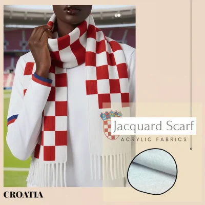 Croatia national football team jacquard scarf, red-white checkered acrylic scarf with Croatian national coat of arms (checkerboard shield and crown heraldic symbols), FIFA World Cup fan accessory, white fringed ends, soft acrylic fabric