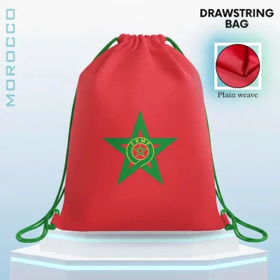 Morocco national football team drawstring bag, red Moroccan flag design with green pentagram (Seal of Solomon) and FRMF (Royal Moroccan Football Federation) emblem, plain weave fabric, FIFA 2026 football fan accessory, sports gym sack, travel storage bag