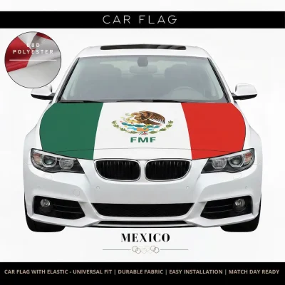 Mexico national football team car flag with green-white-red stripes, Mexican coat of arms and FMF logo, 68D polyester, universal fit for FIFA 2026 match days