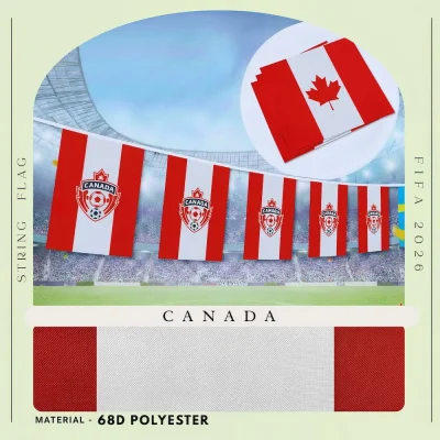 Canada national football team string flag bunting with red-white stripes, Canada soccer crest with maple leaf, 68D polyester, for FIFA World Cup 2026 match day decoration