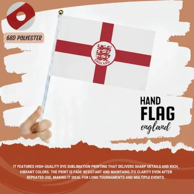 England national football team hand flag with St George's Cross and Three Lions crest, 68D polyester, for FIFA World Cup 2026 match day cheering