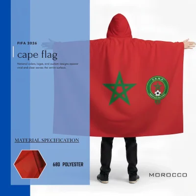 Morocco national football team cape flag with hoodie, red Moroccan flag with green pentagram, F.R.M.F. soccer crest, 68D polyester, for FIFA World Cup 2026 match day cheering