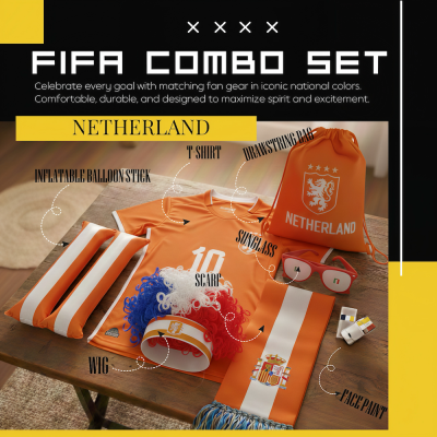 Netherlands national football team FIFA 2026 World Cup fan combo set, complete soccer fan gear kit including wig, inflatable balloon stick, orange T-shirt, drawstring bag, sunglasses, scarf and fan face paint, in Dutch national orange-white-blue colors for match support