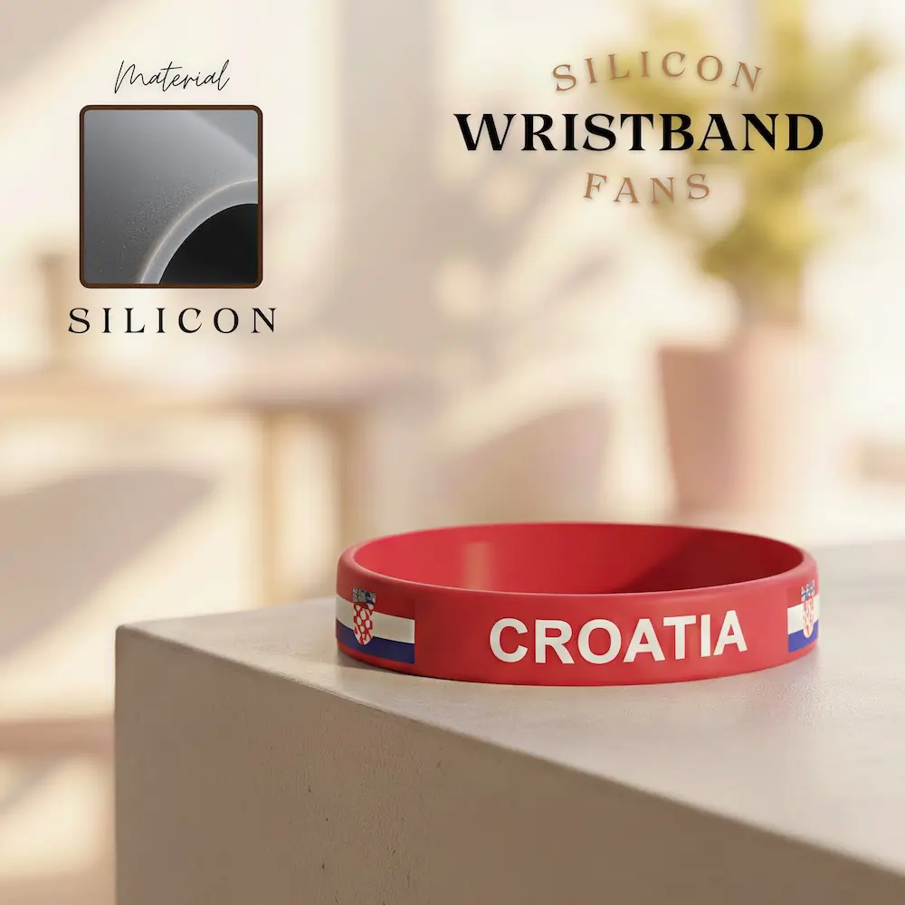 Croatia national football team silicone wristband, red rubber band with Croatian flag and coat of arms, FIFA 2026 football fan accessory, durable silicone, sports souvenir