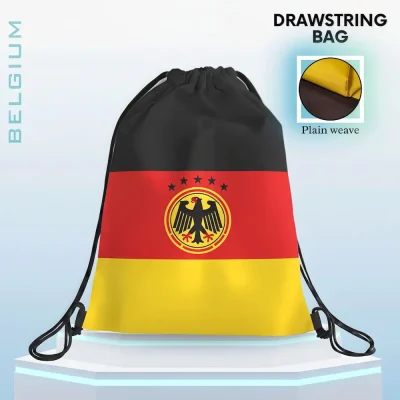 Germany national football team drawstring bag, black-red-yellow German tricolor drawstring backpack with DFB eagle crest and 4 championship stars, plain weave fabric, FIFA 2026 football fan accessory, sports gym sack, travel storage bag (note: 