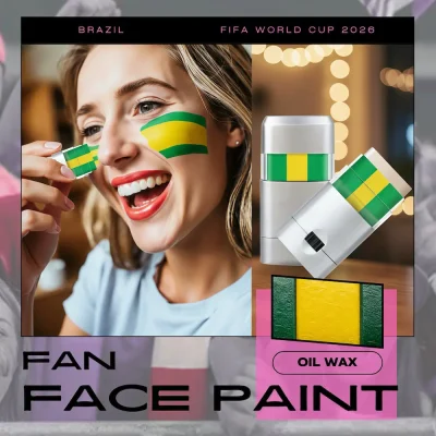 Brazil national football team FIFA 2026 World Cup fan face paint, oil wax face paint stick with Brazilian flag green-yellow-green colors, portable design for soccer match fan makeup, easy to apply and remove