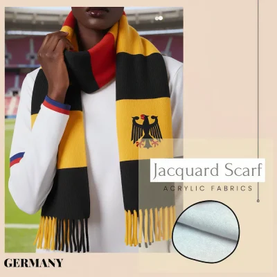 Germany national football team jacquard scarf, black-red-yellow striped acrylic scarf with German federal eagle emblem, FIFA World Cup fan accessory, mixed yellow-black fringed ends, soft acrylic fabric