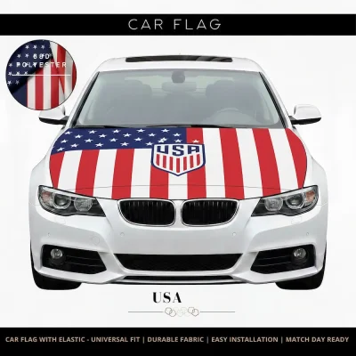 USA national football team car flag with Stars and Stripes design and US Soccer crest, 68D polyester, universal fit for FIFA 2026 match days