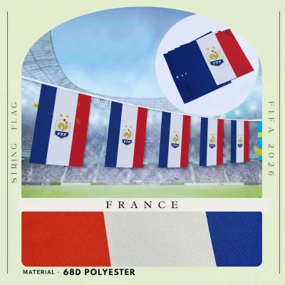 France national football team string flag bunting with blue-white-red stripes, FFF rooster crest, 68D polyester, for FIFA 2026 match day decoration