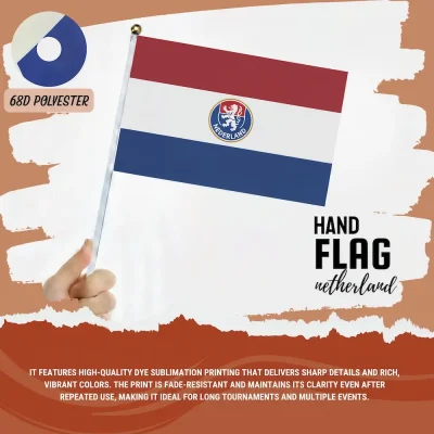 Netherlands national football team hand flag with red-white-blue Dutch flag, KNVB lion crest, 68D polyester, for FIFA World Cup 2026 match day cheering