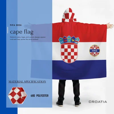 Croatia national football team cape flag with hoodie, red-white-blue Croatian flag, checkered shield HNS crest, 68D polyester, for FIFA World Cup 2026 match day cheeringCroatia national football team cape flag with hoodie, red-white-blue Croatian flag, checkered shield HNS crest, 68D polyester, for FIFA World Cup 2026 match day cheering