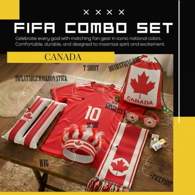Canada national football team FIFA 2026 World Cup fan combo set, complete soccer fan gear kit including wig, inflatable balloon stick, red T-shirt, drawstring bag, sunglasses, scarf and fan face paint, in Canadian national red-white colors with maple leaf logo for match support
