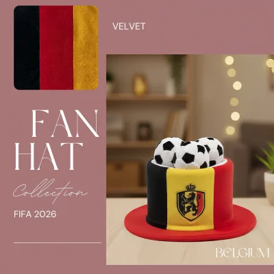 Belgium national team velvet cylindrical top hat fan hat with Belgium flag and lion crest design for FIFA 2026 football matches