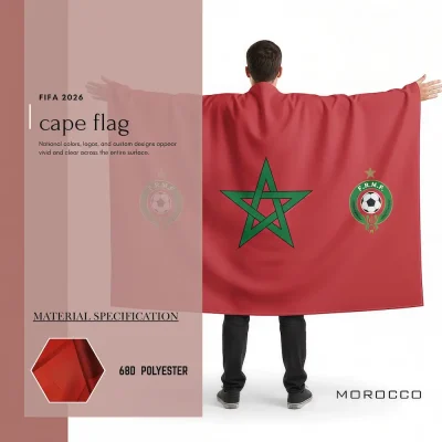 Morocco national football team cape flag, red Moroccan flag with green pentagram, FRMF soccer crest, 68D polyester, wearable fan gear for FIFA World Cup 2026 match day cheering