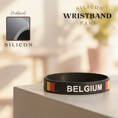 Belgium national football team silicone wristband, black rubber bracelet with Belgian tricolor flag, FIFA 2026 football fan accessory, flexible silicone material, sports souvenir